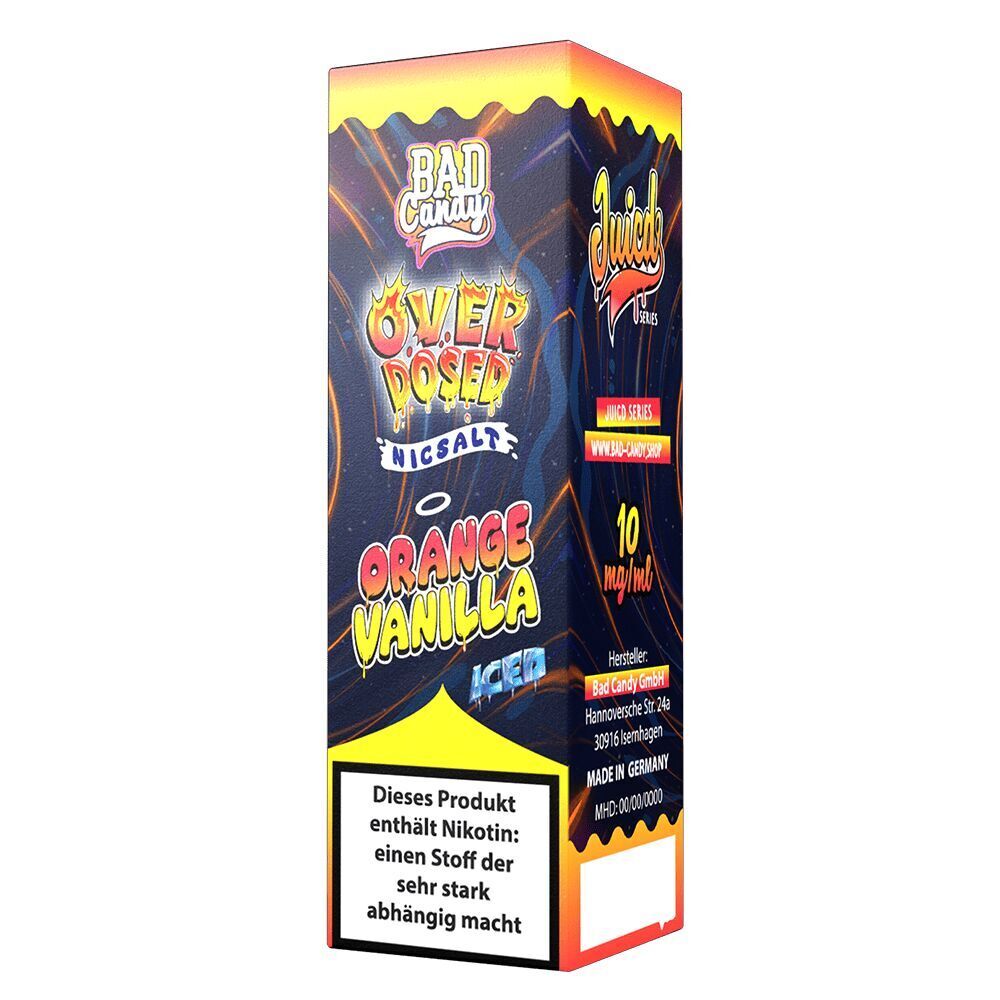 Liquid Orange Vanilla Iced 20mg - Bad Candy Overdosed Verpackung von Bad Candy Overdosed Nicsalt Orange Vanilla Iced mit leuchtenden Farben und Warnhinweis zu Nikotin.