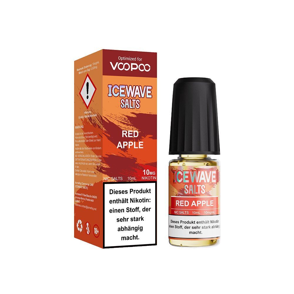 Icewave Nikotinsalz - Red Apple 10mg Icewave Salts Red Apple Flasche und Verpackung, 10ml Nikotinsalz, enthält Nikotin-Warnhinweise, rotes und oranges Design