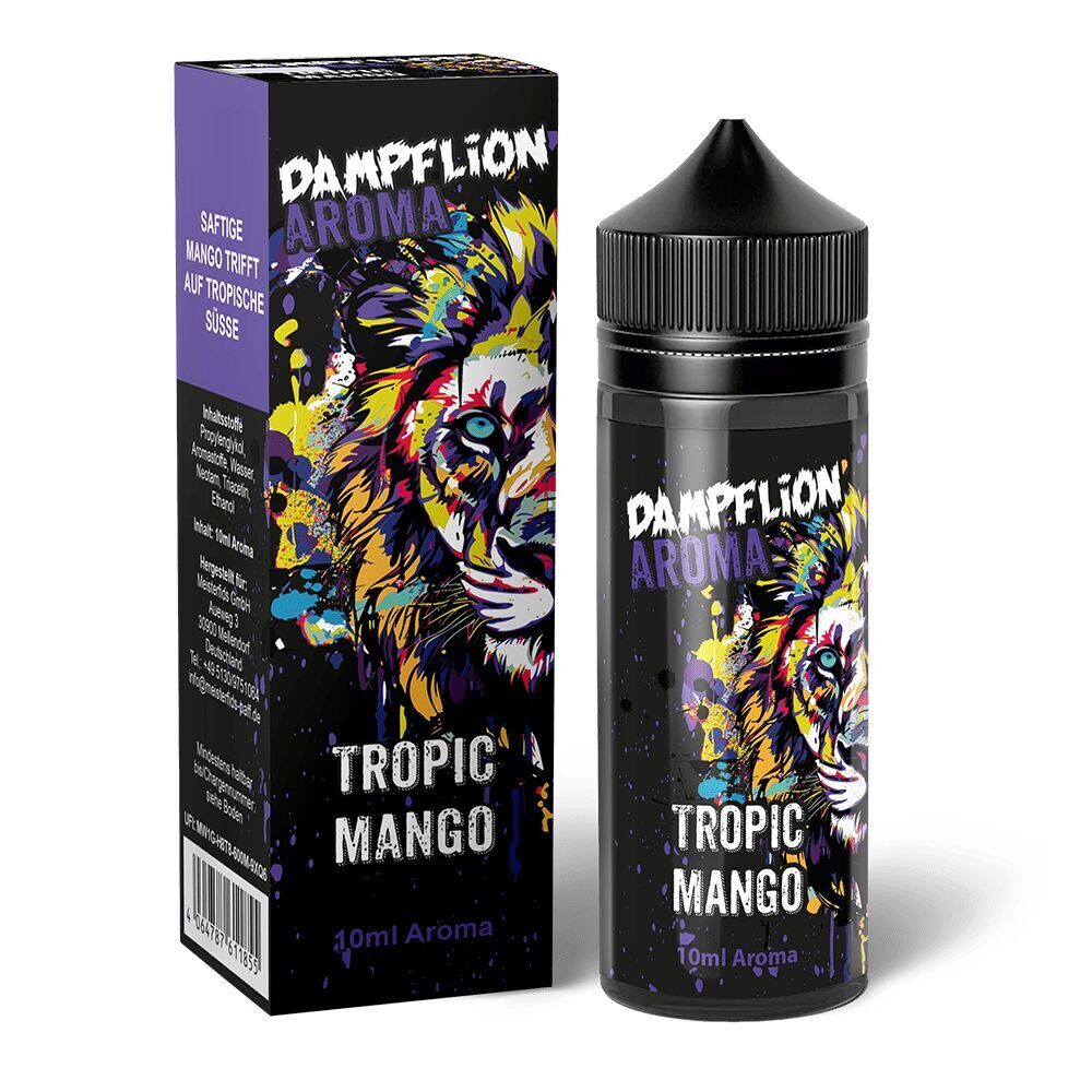 Aroma Tropic Mango von Dampflion Intense Dampflion Intense Aroma Flasche und Verpackung mit buntem Löwenmotiv, Text "Tropic Mango", 10ml Aroma-Label sichtbar
