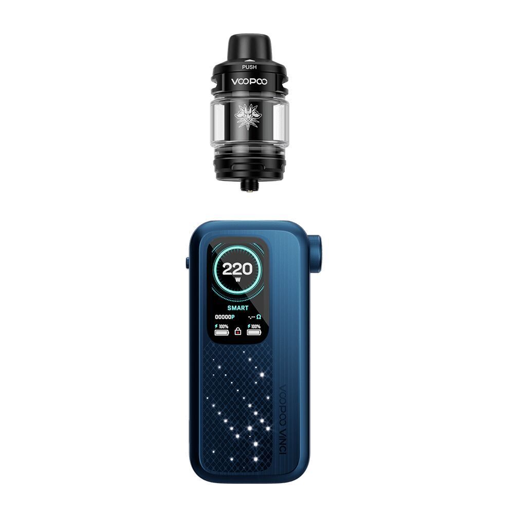 Voopoo Vinci Spark 220 Box Kit - Space Blue Voopoo Vinci Spark 220 Box Kit in Space Blue mit einem Display, das 220 W anzeigt, und abgetrenntem schwarzen Tankaufsatz.