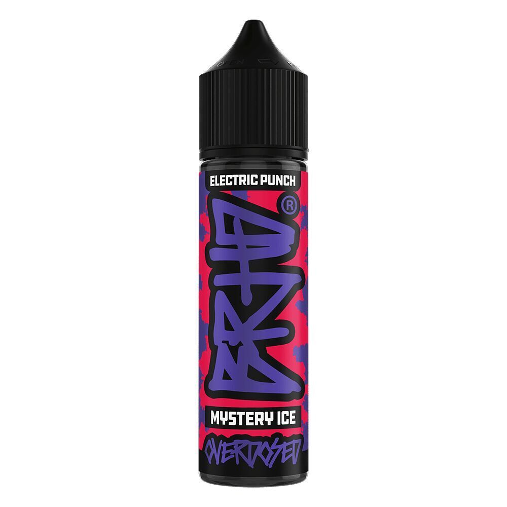 Aroma Mystery Ice von BRHD BRHD Aroma Mystery Ice Flasche mit schwarzem Deckel, leuchtend rot-violettem Etikett und den Aufschriften Electric Punch sowie Overdosed.