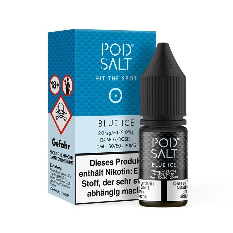 Liquid Blue Ice mit 20mg Nikotin von Pod Salt Core Pod Salt Core Nikotinsalz Blue Ice 20mg Flasche und Verpackung, 10ml, mit Warnhinweisen und Inhaltsstoffangaben, geeignet für Erwachsene ab 18 Jahren