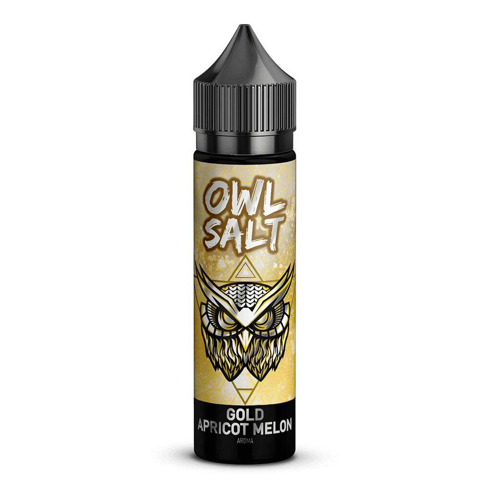 Owl Salt Aroma - Gold Apricot Melon Flasche Owl Salt Aroma, Etikett mit Eulenkopf und goldfarbenen Akzenten, Text: Gold Apricot Melon Aroma