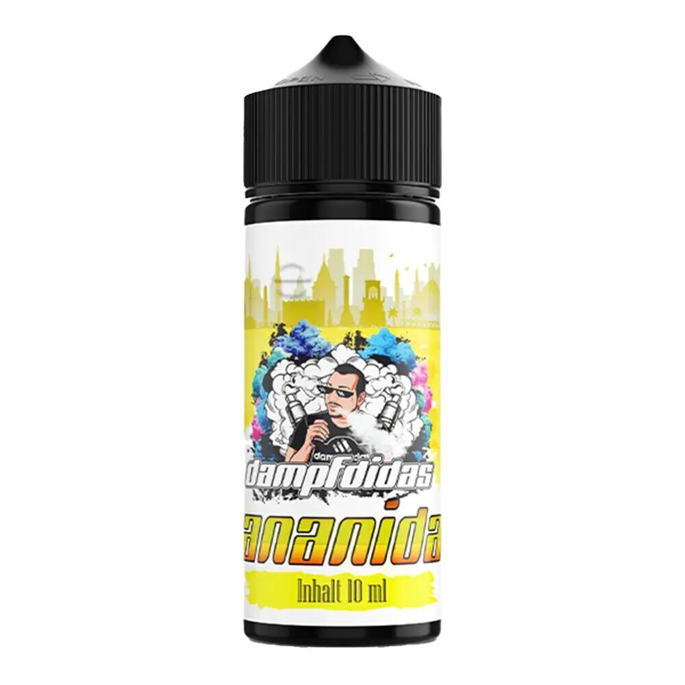 Dampfdidas Aroma Bananidas Flasche mit gelbem Design, bunte Farbkleckse, Stadt-Silhouette im Hintergrund, Inhalt 10 ml