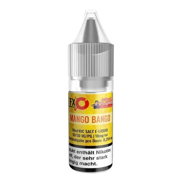 Liquid Mango Bango mit 18mg Nikotin von PJ Empire Flasche mit gelbem Etikett, Aufschrift „Mango Bango“, Nikotinsalz E-Liquid 18mg, 10ml, mit silbernem Deckel