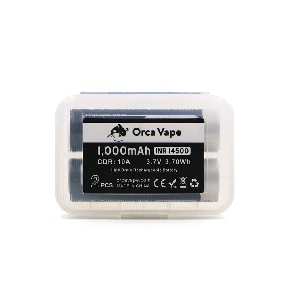 Orca Vape Akku 14500 1000 mAh Orca Vape Akku 14500, 1000 mAh, 3.7V in transparenter Verpackung mit Etikett; hohe Drehstrombelastung, zwei Stück in China hergestellt