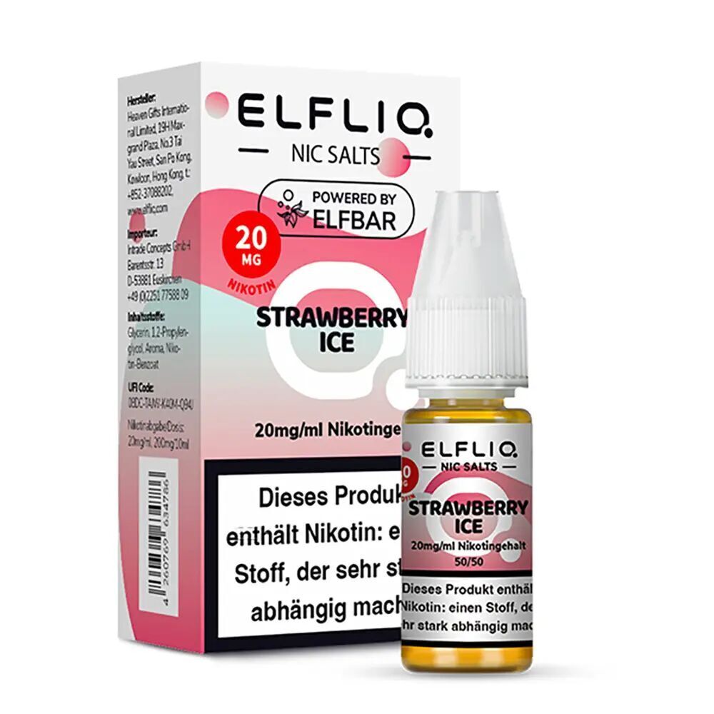 Elfliq Nikotinsalz - Strawberry Ice 20mg Nikotinsalz-Flasche und Verpackung von Elfliq mit der Aufschrift "Strawberry Ice 20mg/ml".