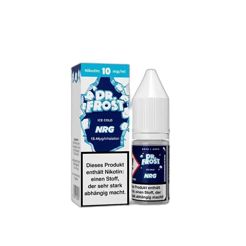 Dr. Frost Nikotinsalz - Ice Cold NRG 10mg Dr. Frost Nikotinsalz Ice Cold NRG 10mg-Flasche und Verpackung, Blau-Weiß-Design mit Warnhinweis zu Nikotingehalt auf der Packung.
