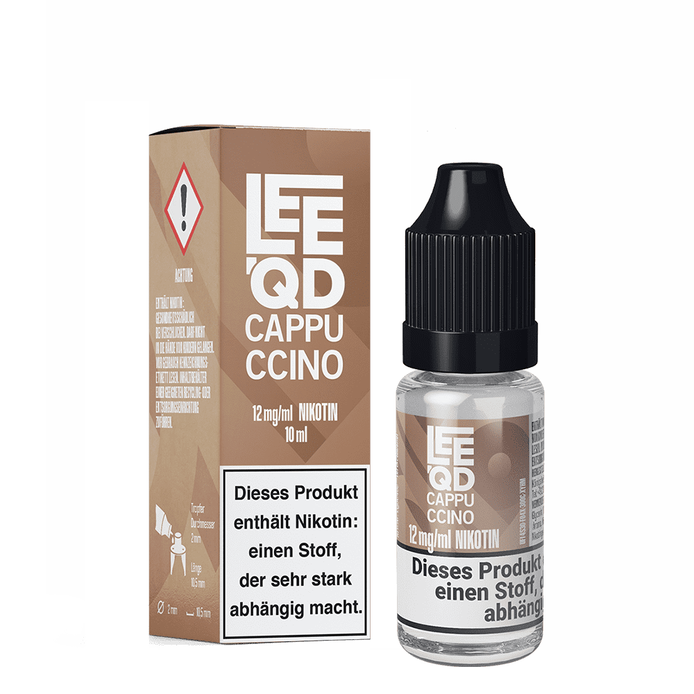 Liquid Crazy Cappuccino 12mg - Leeqd E-Liquid Flasche und Packung von Leeqd Liquid Cappuccino mit 12 mg Nikotin, Warnhinweis über Suchtgefahr auf der Verpackung