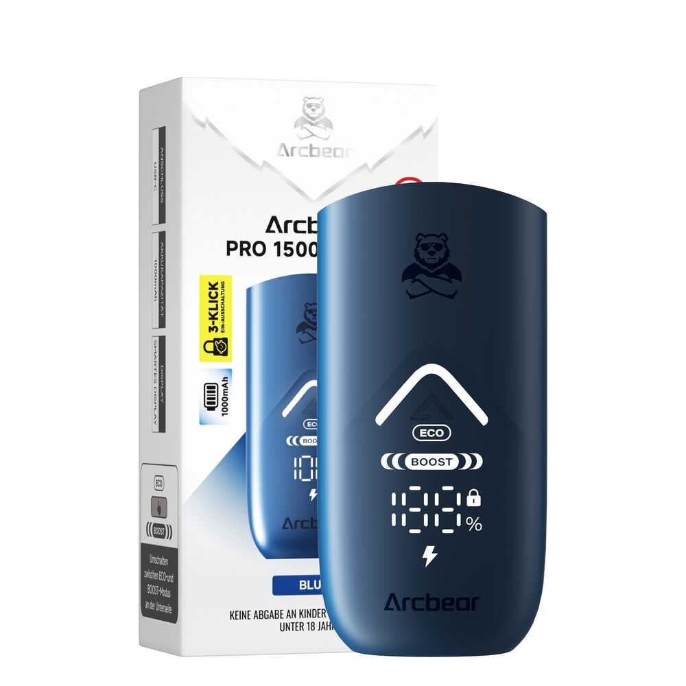 Arcbear Pro 15000 Akkuträger in Blau mit LED-Anzeige und Eco-Boost-Funktion, Verpackung im Hintergrund sichtbar