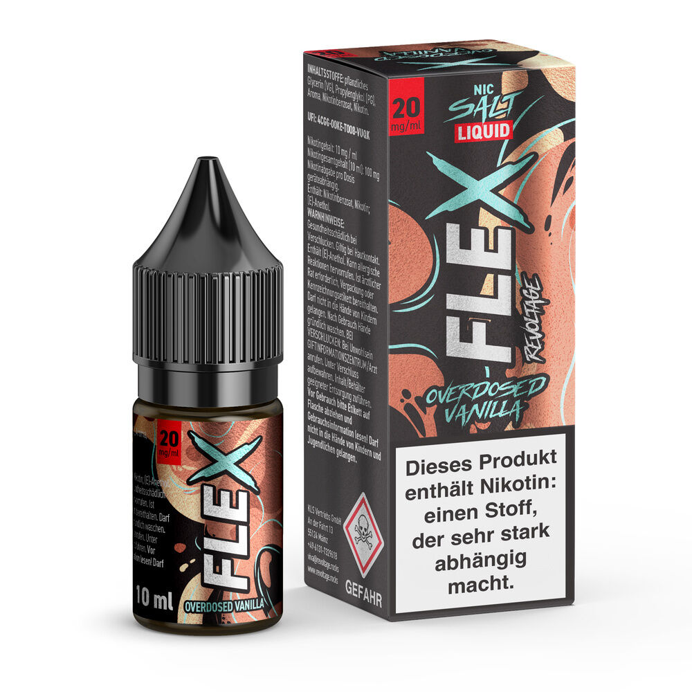 Revoltage Flex Nikotinsalz - Vanilla E-Liquid-Flasche mit Nikotinsalz und passende Verpackung, Branding "Flex" und Warnhinweis "Dieses Produkt enthält Nikotin" sichtbar
