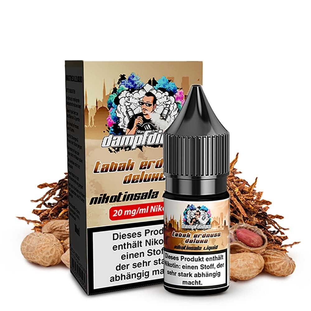 Liquid Tabak Erdnuss Deluxe 20mg - Dampfdidas Flasche und Verpackung „Dampfdidas Nikotinsalz Tabak Erdnuss Deluxe 20mg“ mit sichtbaren Erdnüssen und Tabakblättern im Hintergrund.