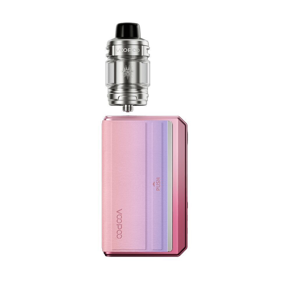 Voopoo Drag 5 Kit in Sakura Pink mit silbernem Verdampfer, vertikale Farbverläufe und „Voopoo“-Schriftzug sichtbar.