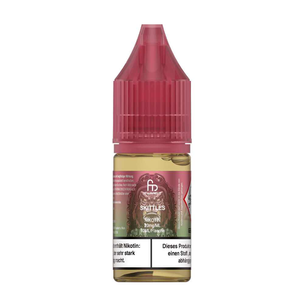 RandM Tornado Nikotinsalz Liquid Flasche mit Skittles 10mg Aufschrift, rotem Verschluss und Warnhinweisen auf der Vorderseite