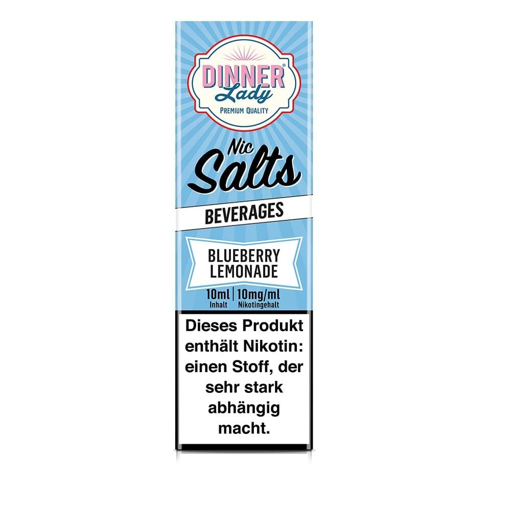 Dinner Lady Nic Salts Blueberry Lemonade 10ml Packung mit Nikotinwarnung, enthält 10mg/ml Nikotin.