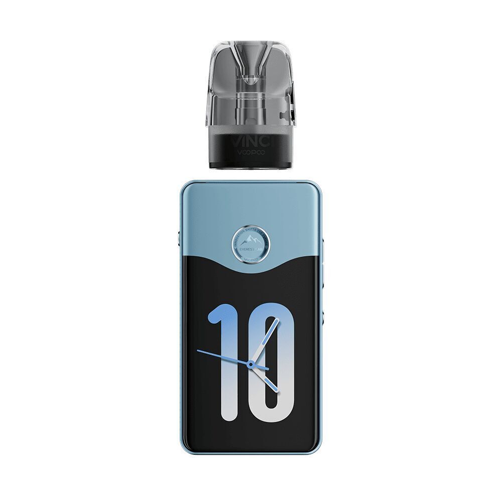 Voopoo Vinci E120 Pod Kit in Snow Blue mit abnehmbarem Pod, großem Display in Schwarz-Blau und zentrischem Symbol oberhalb der Uhranzeige