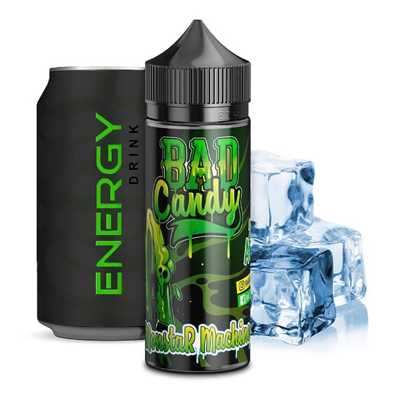 Aroma Monstar Machine von Bad Candy Flasche Bad Candy Aroma Monstar Machine vor einer Energy-Drink-Dose und einige Eiswürfel.