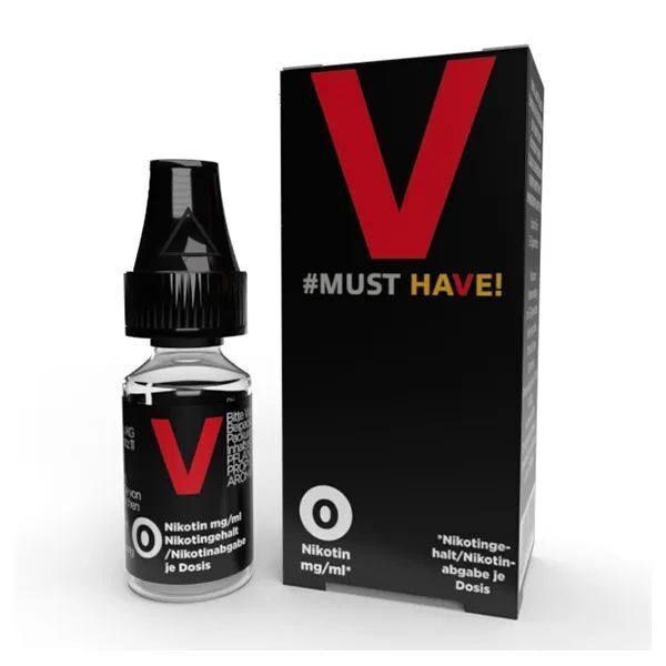 Liquid V von Must Have Flasche und Verpackung des Produkts Must Have Liquid - V, beide mit rotem V und Hinweis auf 0 mg/ml Nikotin