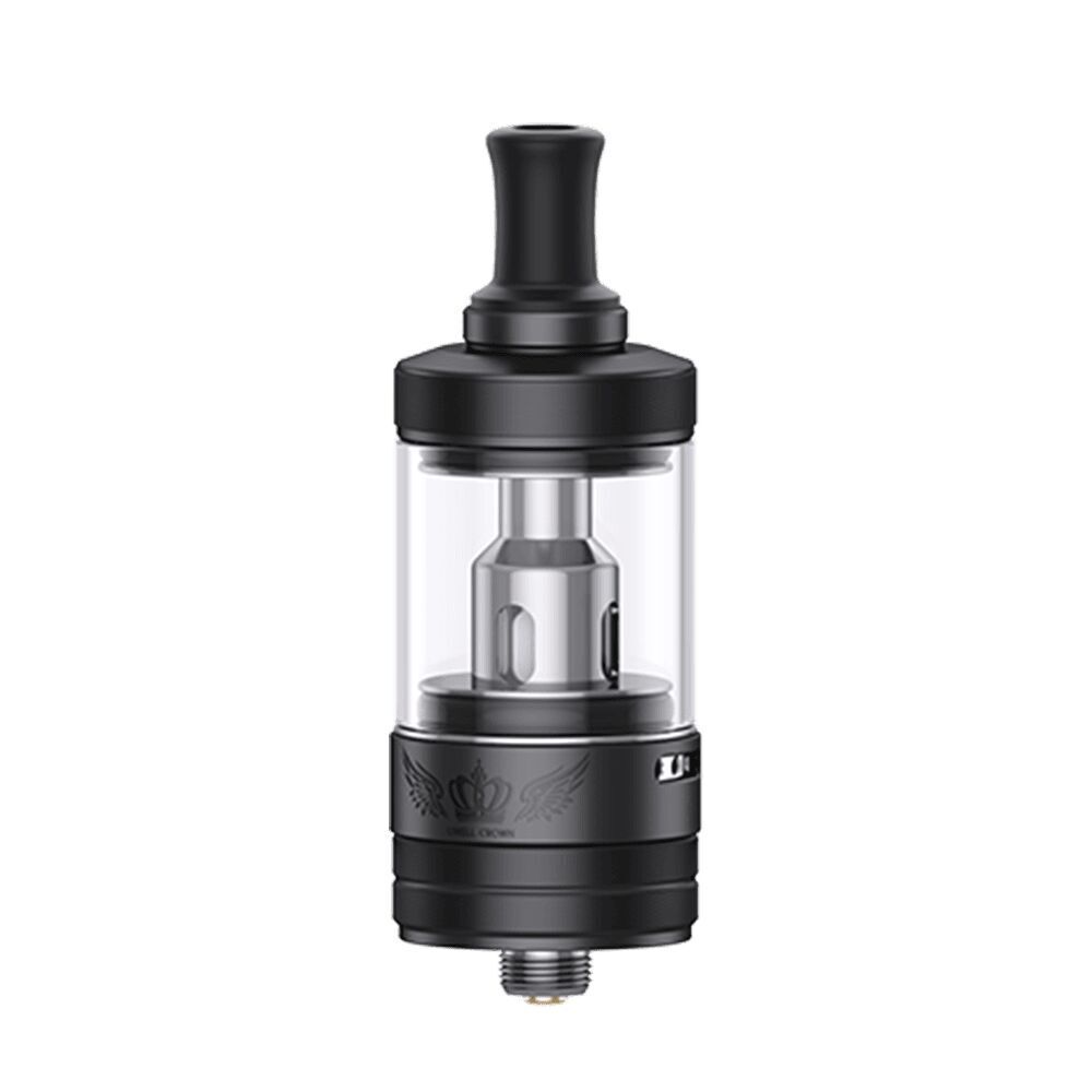 Uwell Crown Nano MTL Tank - Black Uwell Crown Nano MTL Tank in Schwarz mit Glastank und schwarzem Mundstück, sichtbarem Inneren und Verzierungen am unteren Teil.