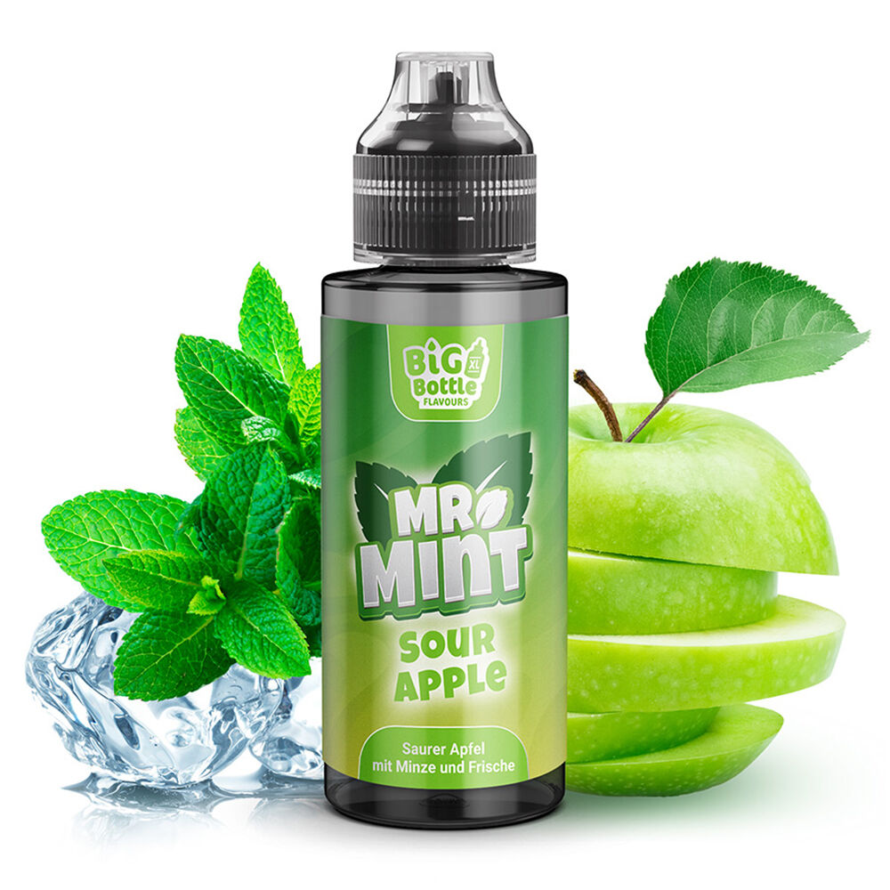 Aroma Sour Apple von Mr. Mint E-Liquid-Flasche Big Bottle Flavours, Sour Apple Mr. Mint, umgeben von frischen Minzblättern, Eiswürfeln und einem aufgeschnittenen grünen Apfel.