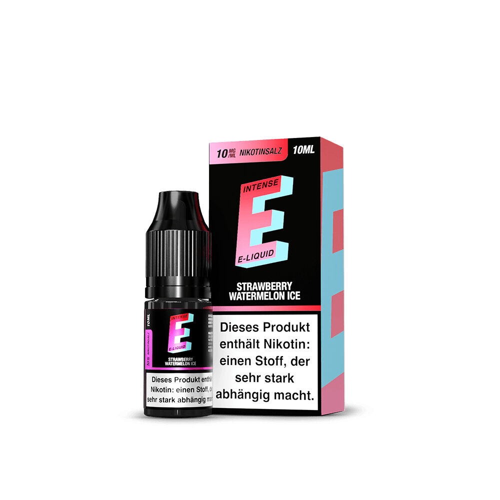 TVE E-Intense Nikotinsalz - Strawberry Watermelon Ice Flasche und Verpackung von TVE E-Intense Nikotinsalz Strawberry Watermelon Ice 10mg mit Warnhinweis über Nikotinsucht.