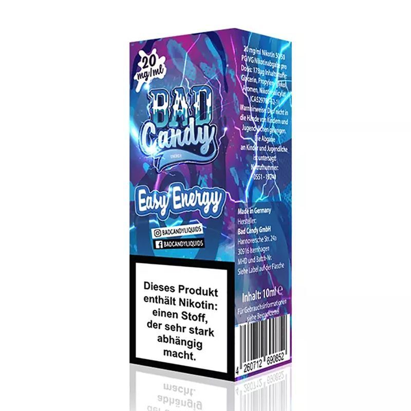 Liquid Easy Energy mit 20mg Nikotin von Bad Candy Verpackung von Bad Candy Nikotinsalz Easy Energy 20mg, mit blau-pinkem Design, Nikotinwarnung und Social-Media-Icons, Inhalt 10ml.
