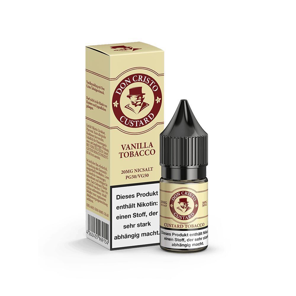Liquid Don Cristo Custard 20mg - PG/VG Labs E-Liquid Flasche und Verpackung von Don Cristo Custard Vanilla Tobacco, 20mg Nikotinsalz, mit prominentem Markenlogo und Warnhinweis auf Nikotingehalt.