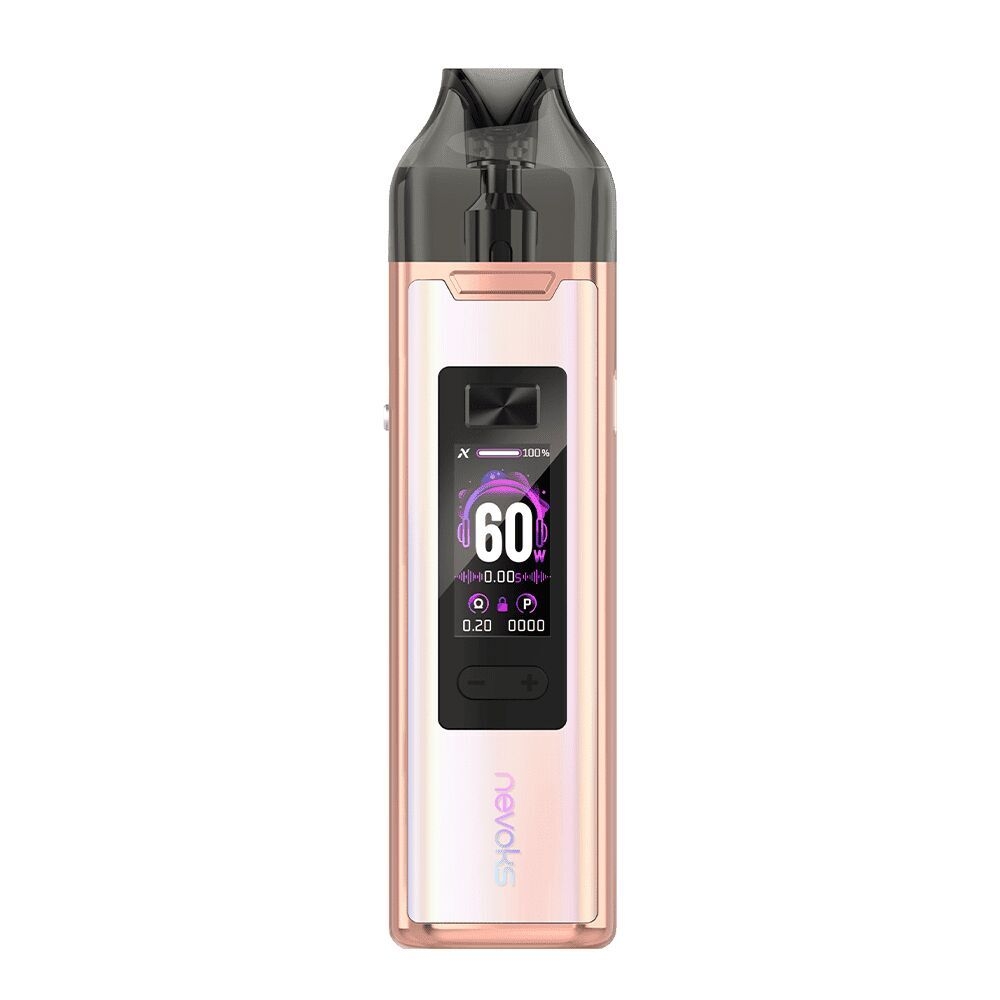 Nevoks Feelin XR Pro Pod Kit in glänzendem Pink mit Displayanzeige, 60 W Leistung und Anpassungstasten auf der Vorderseite