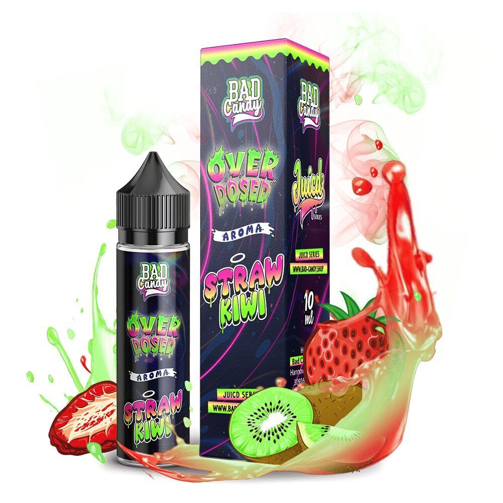 Aroma Straw Kiwi - Bad Candy Overdosed Flasche und Verpackung von Bad Candy Aroma Straw Kiwi mit einem Motiv aus spritzenden Früchten, Kiwi- und Erdbeerscheiben.