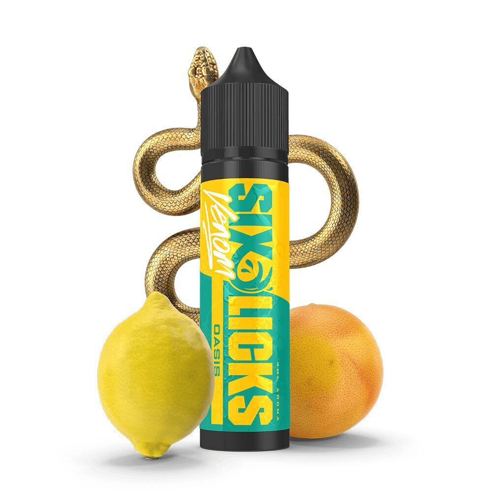 Six Licks Venom Aroma - Oasis Six Licks Venom Aroma - Oasis Flasche mit Zitrone, Grapefruit und goldener Schlange im Hintergrund