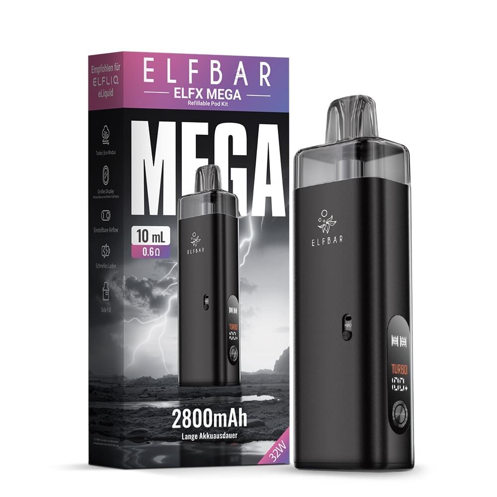 Elfbar Elfx Mega Pod Kit - Black Elfbar Elfx Mega Pod Kit in Schwarz vor Verpackung mit Texten zu Kapazität, Akkuleistung und E-Liquid-Volumen von 10 ml und 2800mAh