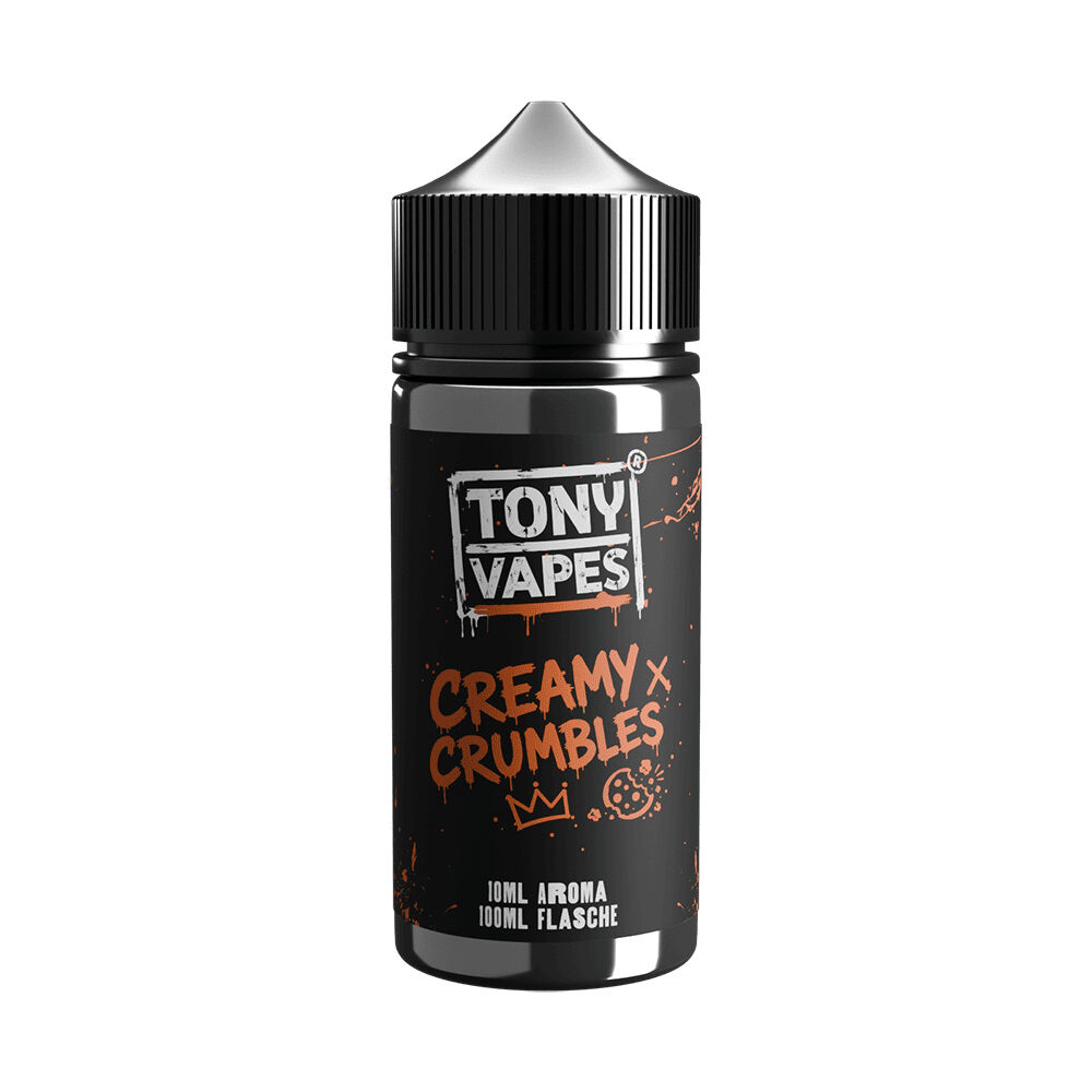 Tony Vapes Aroma Creamy Crumbles 100ml Flasche mit schwarzem Etikett und orangefarbener Schrift, Krone und Keksmotiv.