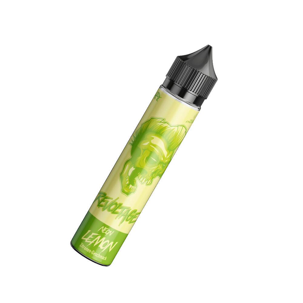 revoltage-longfill-aroma-neon-lemon_2 Vape-Flasche mit gelbem Etikett, darauf ein grünes Schädel-Design und der Text Revoltage Aroma Neon Lemon, Zitronen-Geschmack.