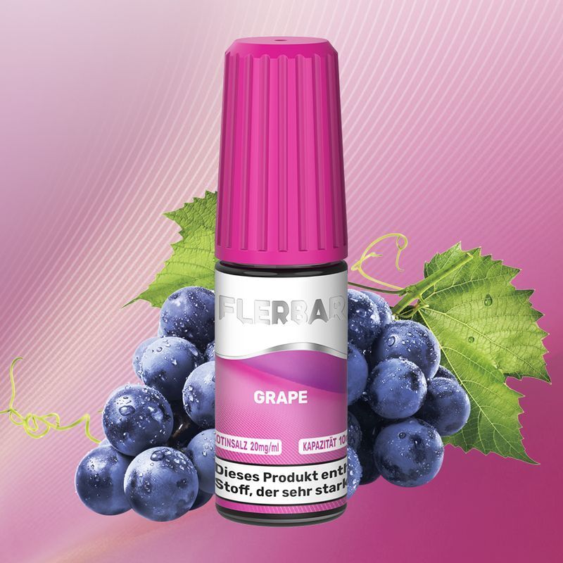 Liquid Grape von Flerbar Flerbar Nikotinsalz Grape 20mg Flasche mit pinkem Deckel vor einem Hintergrund von Trauben und grünen Blättern