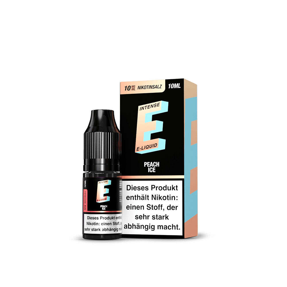 TVE E-Intense Nikotinsalz - Peach Ice Flasche mit E-Liquid TVE E-Intense Peach Ice, 10 ml Nikotinsalz, neben Verpackung, Warnhinweis auf Nikotinabhängigkeit sichtbar