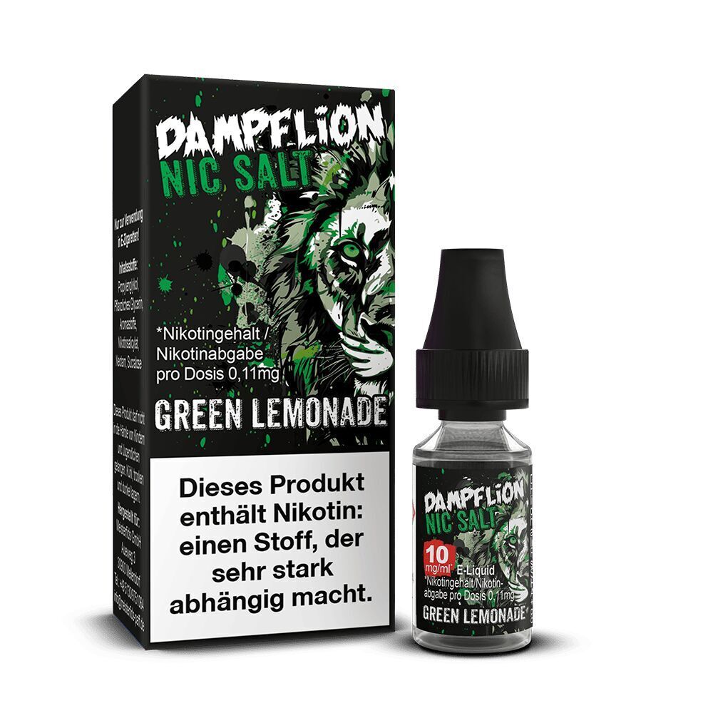 Liquid Green Lemonade 10mg - Dampflion Intense Dampflion Intense Nikotinsalz Green Lemonade 10mg Flasche und Verpackung mit lion art im Hintergrund, Produkt enthält Nikotinwarnung.