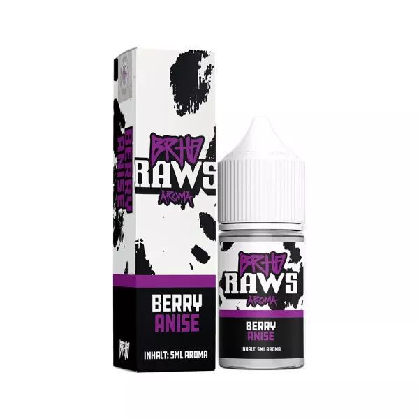 Aroma Berry Anise von BRHD RAWS BRHD RAWS Aroma Berry Anise Flasche und Verpackung in Schwarz-Weiß mit lilafarbenem Akzent und Schriftzug, Inhalt 5 ml Aroma.