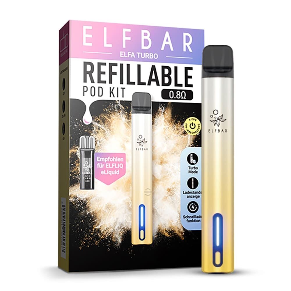 Elfa Turbo Pod Kit von Elf Bar in der Farbe Aurora Gold Elfbar ELFA Turbo Pod Kit in Aurora Gold vor Verpackung mit Text „Refillable Pod Kit“ und Empfehlungen für ELFliq eLiquid, Schnellladefunktion sichtbar