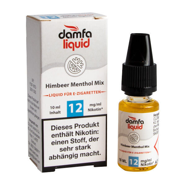 Liquid Himbeer Menthol Mix 12mg - damfaliquid Damfaliquid Himbeer Menthol Mix 12mg, 10ml Flasche und Verpackung; enthält Nikotin, Hinweis auf Abhängigkeitseffekt.