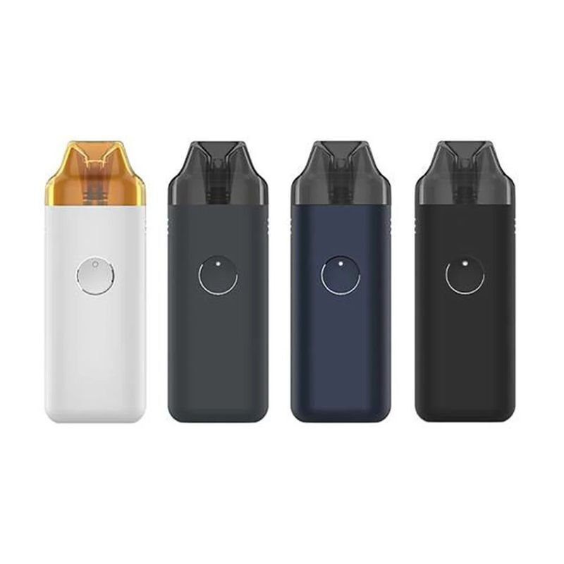 Geekvape Wenax S3 Pod Kit Vier Geekvape Wenax S3 Pod Kits in Weiß, Dunkelgrau, Blau und Schwarz mit durchsichtigem Mundstück und runder Taste vorne.
