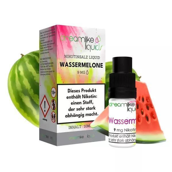 Liquid Watermelon von Dreamlike Liquids Dreamlike Nikotinsalz Watermelon mit 9 mg Nikotin, Verpackung mit Wassermelonen-Design und Warnhinweisen sichtbar