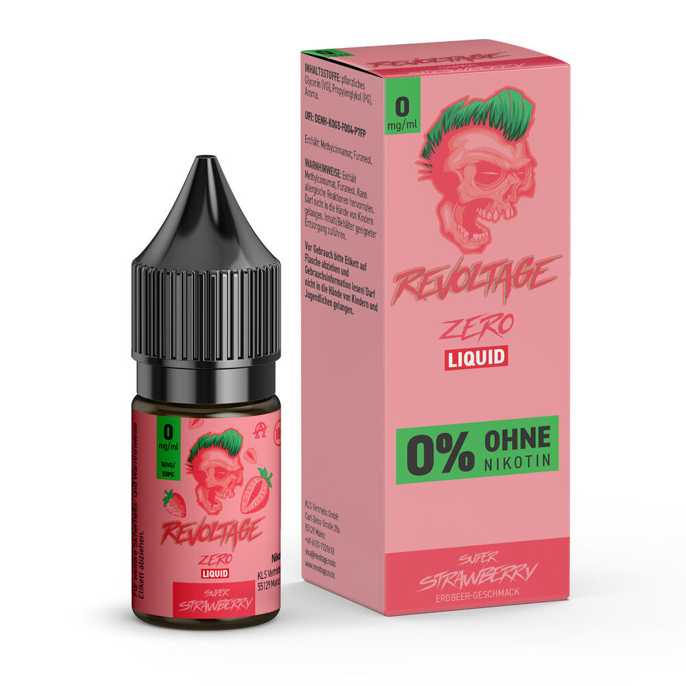 Revoltage Hybrid Liquid - Super Strawberry Flasche und Verpackung von Revoltage Hybrid Liquid Super Strawberry mit Erdbeer-Geschmack, ohne Nikotin, rosa Design mit Totenkopf-Illustration