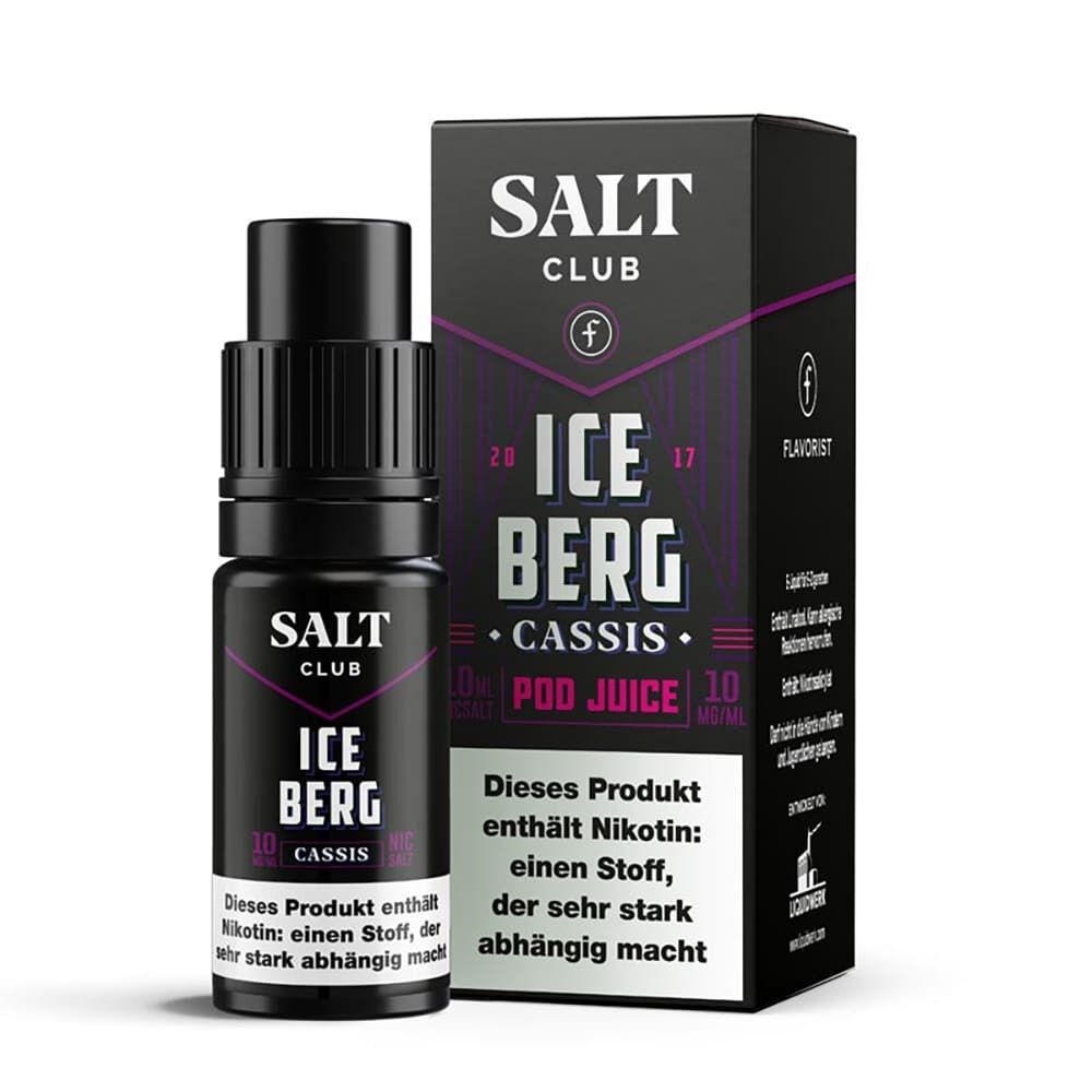 Liquid Iceberg Cassis von Flavorist Salt Club Flavorist Salt Club Nikotinsalz Iceberg Cassis 10mg Produktflasche und Verpackung mit Warnhinweis über Nikotinsucht.