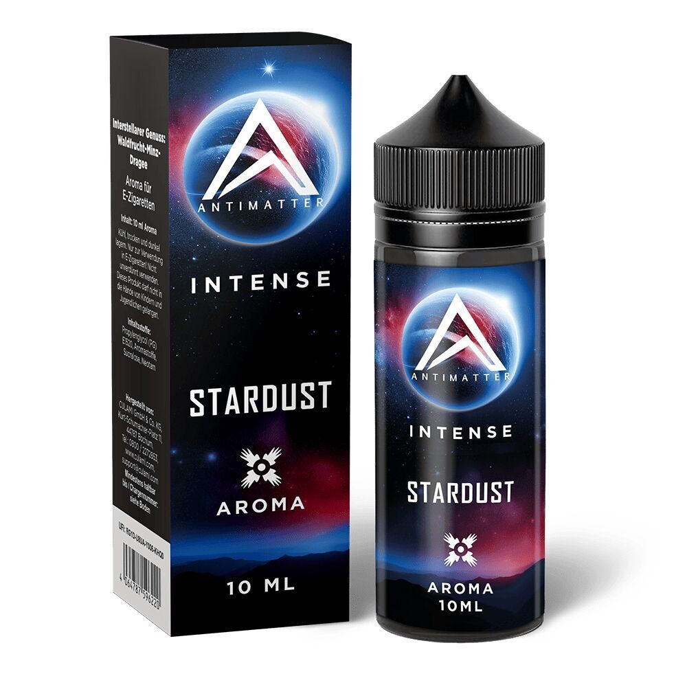 Antimatter Intense Aroma Stardust Flasche und Verpackung mit galaktischem Design und einer blauen Kugel, 10 ml für E-Zigaretten.