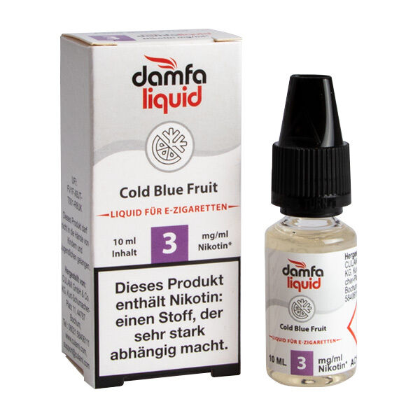 Liquid Cold Blue Fruit 3mg - damfaliquid Flasche und Verpackung des Damfaliquid Cold Blue Fruit 3mg E-Zigarettenliquids mit Warnhinweis über Nikotingehalt sichtbar