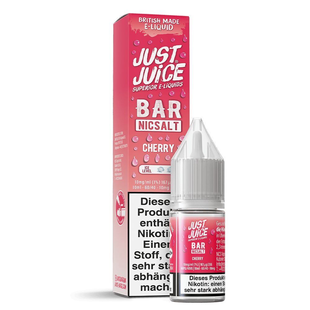 Liquid Cherry 10mg - Just Juice Just Juice Nikotinsalz Cherry Flasche und Verpackung, pinkes Design mit Nicsalt Text und Tropfen-Motiv, 10 mg/ml Nikotingehalt.