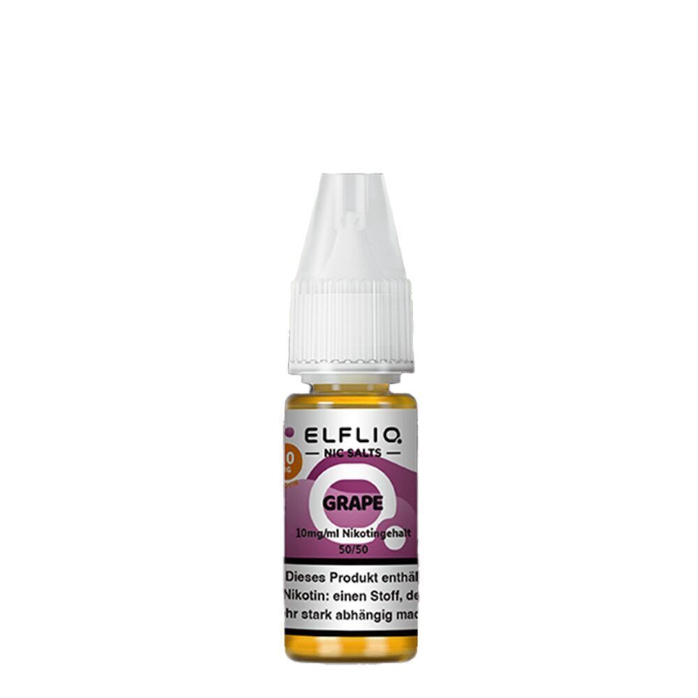 Elfliq Nikotinsalz - Grape 10mg Elfliq Nikotinsalz Grape 10mg Flasche mit weißem Verschluss, lila Etikett, Text "Grape" und Nikotininhalt von 10mg/ml.