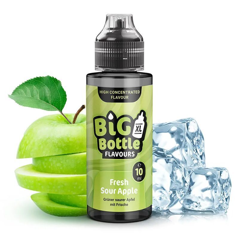 Aroma Fresh Sour Apple von Big Bottle Flavours Aroma Flasche "Big Bottle Flavours Fresh Sour Apple" neben grünen Apfelscheiben und Eiswürfeln