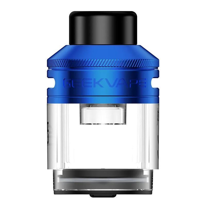 Geekvape Aegis Eteno Leerpod Geekvape Aegis Eteno Leerpod mit blauem Oberteil, schwarzem Mundstück und durchsichtigem Tank, erkennbar durch GEEKVAPE-Logo.