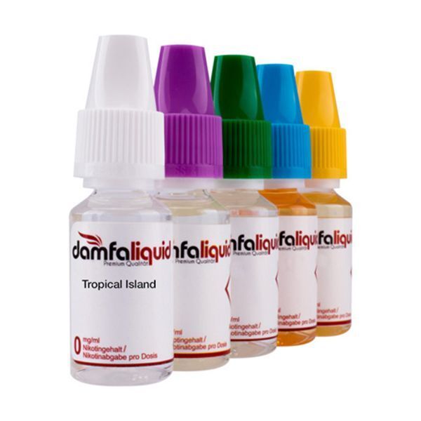 Liquid Tropical Island 3mg - Damfaliquid Fünf Flaschen Damfaliquid Liquid Tropical Island mit unterschiedlich farbigen Verschlüssen in einer Reihe.